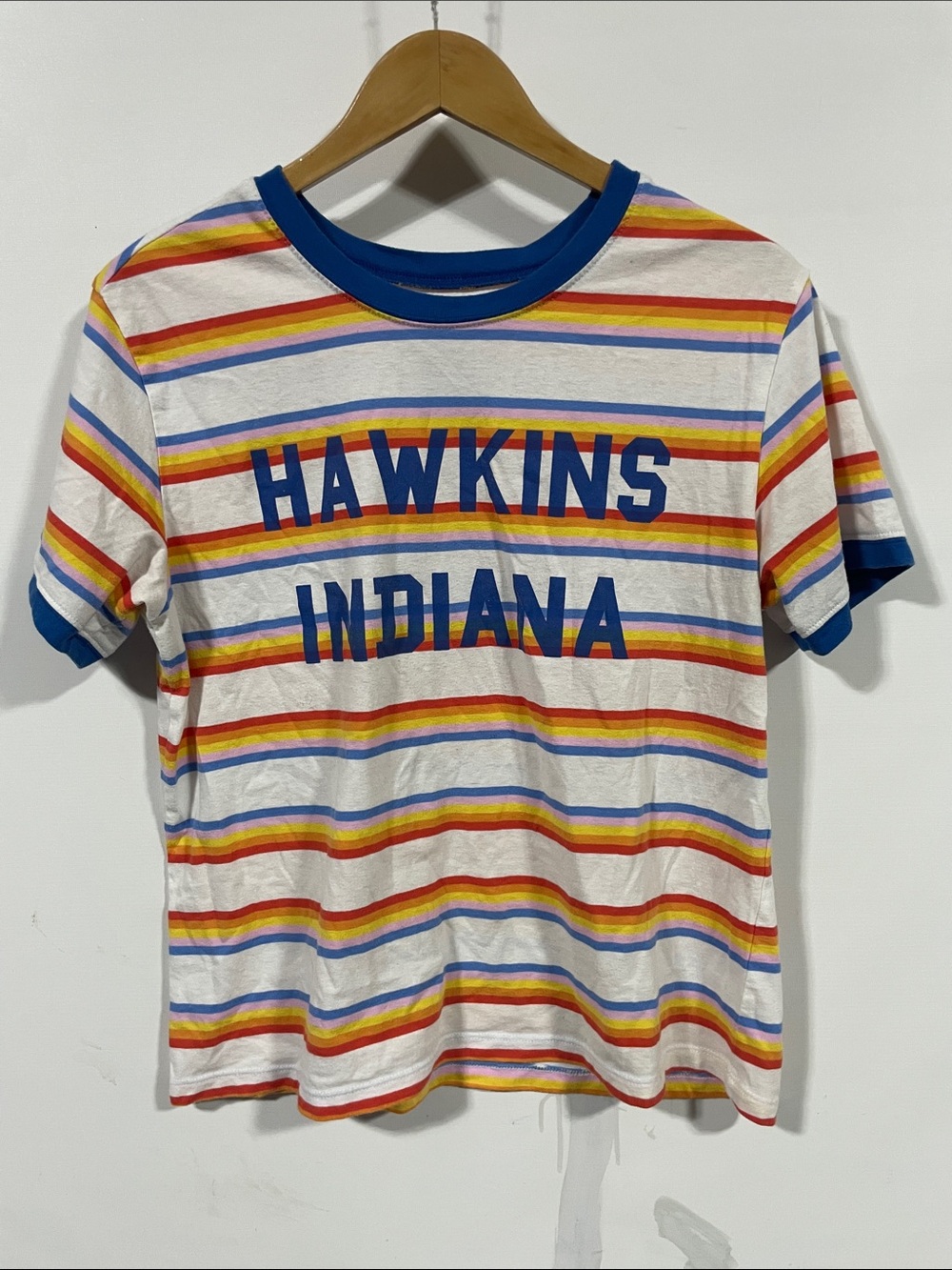Netflix stranger things Hawkins Indiana Striped Ringer Tee Blue, Red, Yellow